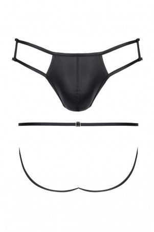 męskie stringi z wetlooka z otwartym tyłem i elementem dekoracyjnym XXL