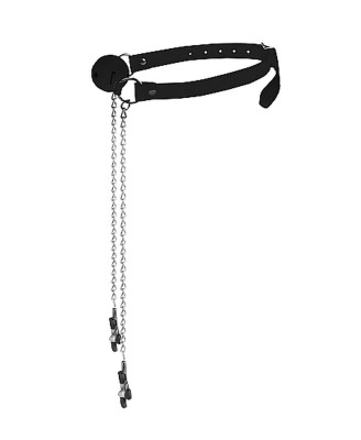 Ball Gag with Nipple Clamps - Czarny - Klipsy na Sutki, Knebel