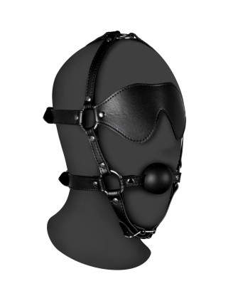 Blindfolded Head Harness with Solid Ball Gag - Black
