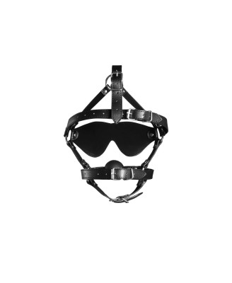 Blindfolded Head Harness with Solid Ball Gag - Black