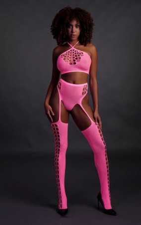 Two Piece with Crop Top and Stockings - Pink - XS/XL