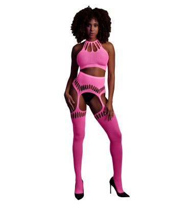 Two Piece with Crop Top and Stockings - Pink - XS/XL