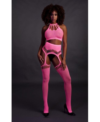 Two Piece with Crop Top and Stockings - Pink - XS/XL