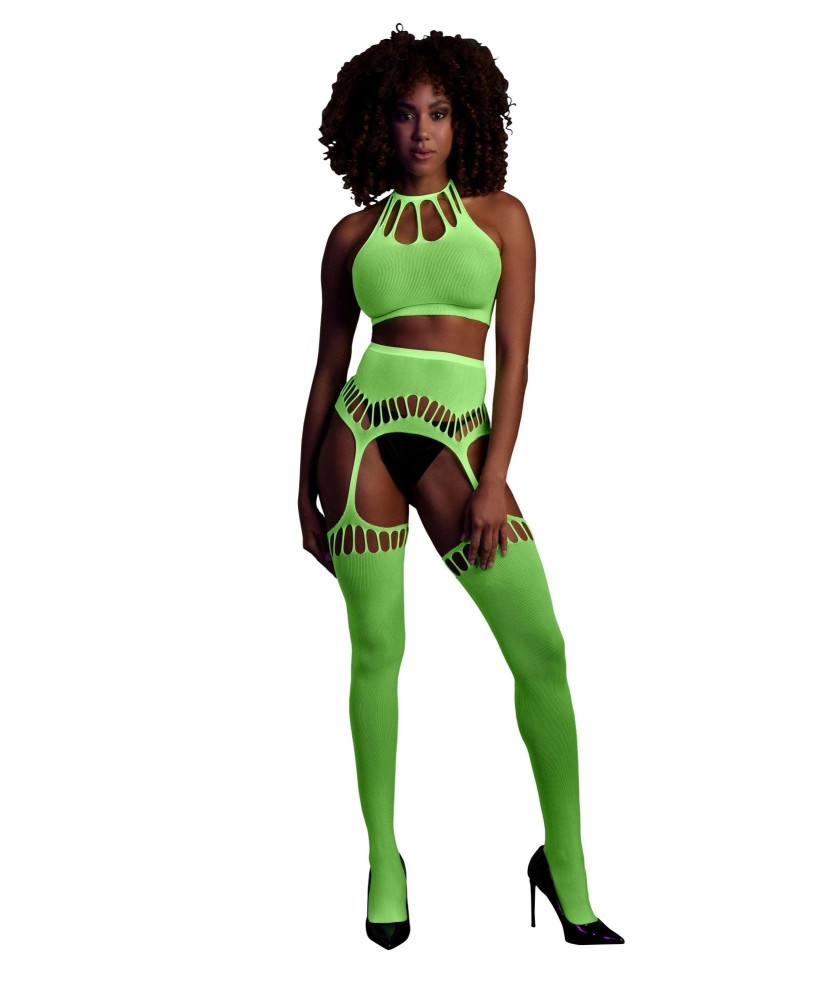 Two Piece with Crop Top and Stockings - Green - XS/XL