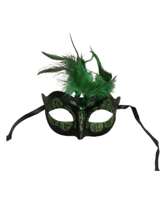 Maska-Venetian Mask Green with Green Stone and Feather