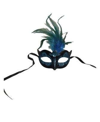 Maska-Venetian Mask Light Blue with Light Blue Stone and Feather