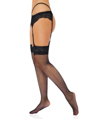 Net Stockings with Lace Top Black