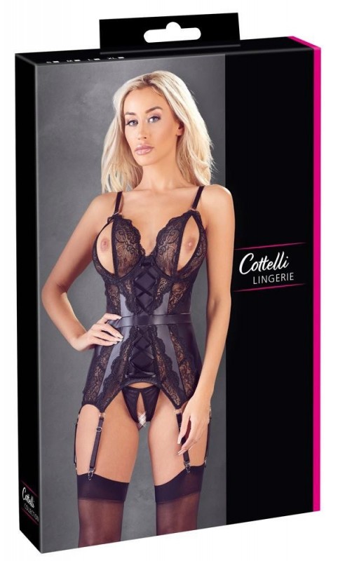 Cottelli Crotchless Basque Czarna Koronkowa Koszulka Nocna - S