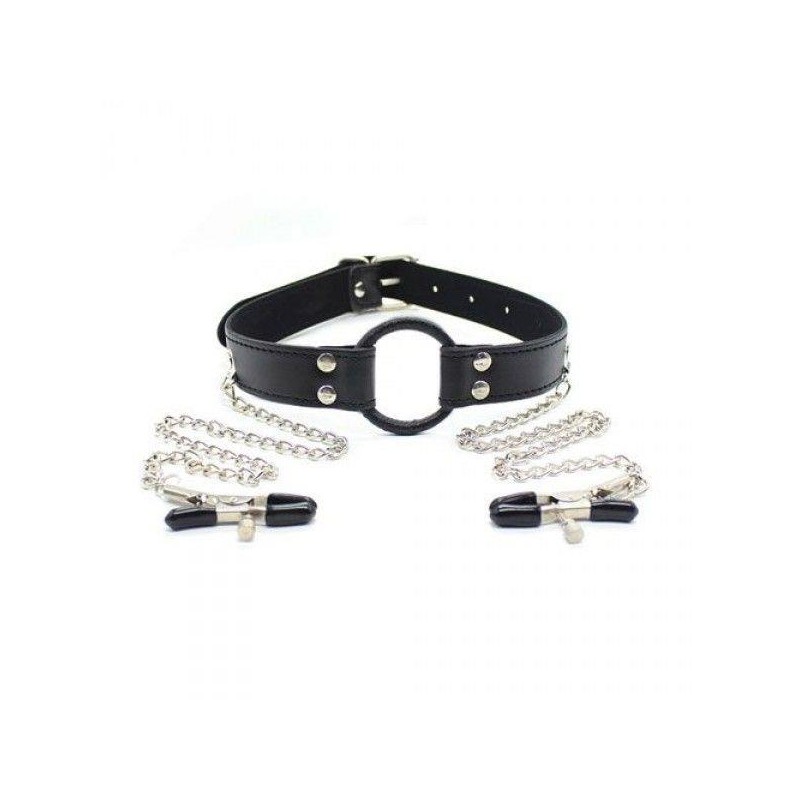 Stymulator-Ring Gag + Nipples Clamps (black)