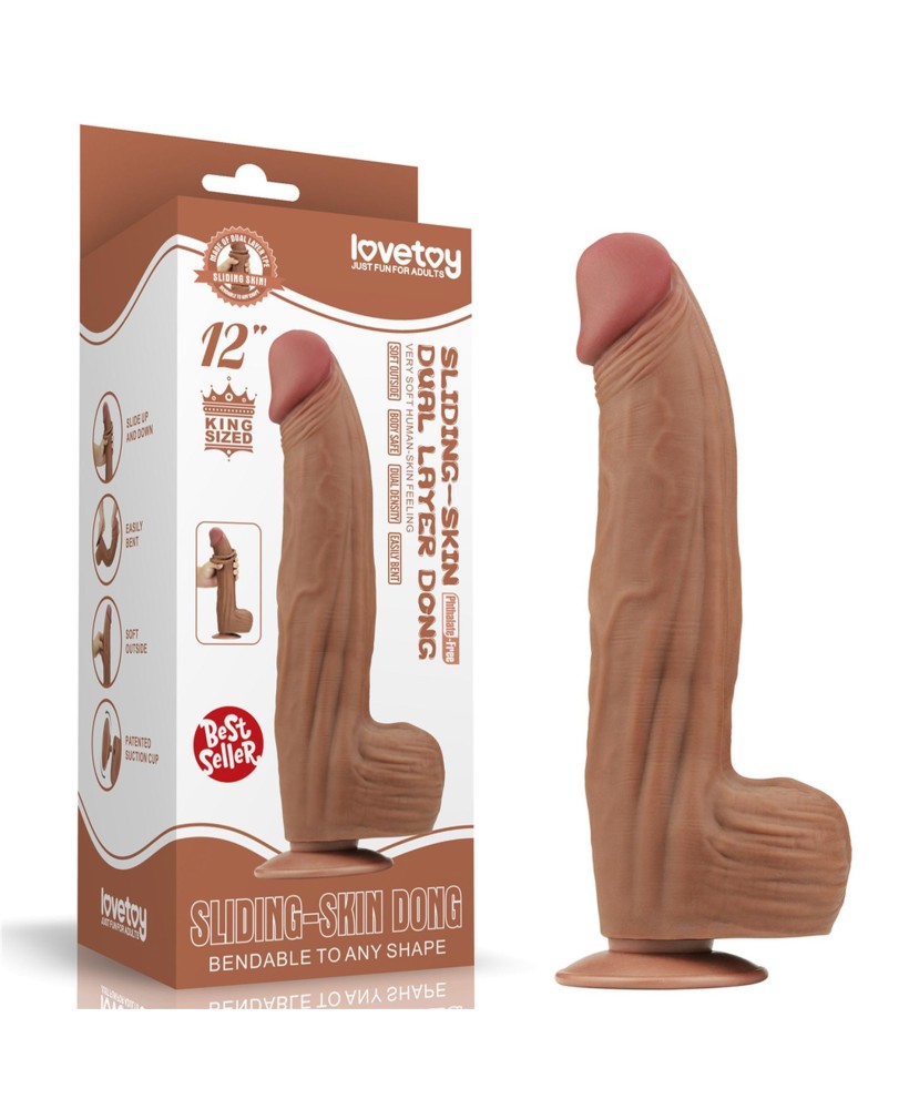12'' King Sized Sliding Skin Dual Layer Dong - Brązowe Realistyczne Dildo z Przyssawką