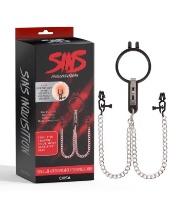 Humiliate Mouth Spreader with Nipple Clamps