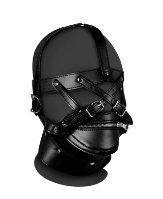 Head Harness with Zip-up Mouth and Lock - Black