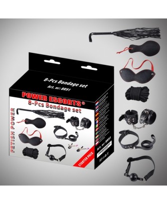 Bondage set 8 pcs black cuffs / collar/ mask/ whipp/ clamps/rope etc