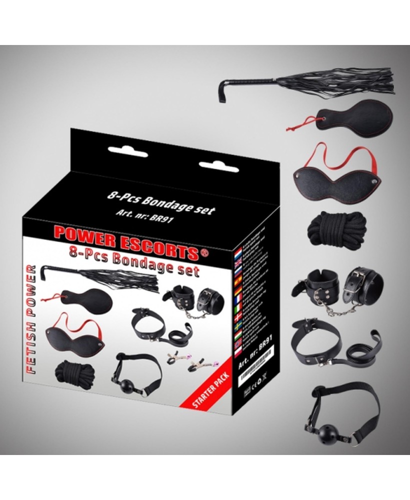 Bondage set 8 pcs black cuffs / collar/ mask/ whipp/ clamps/rope etc
