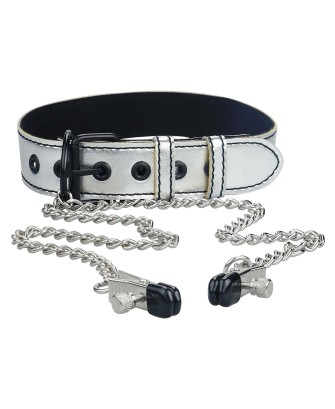 Metallic Silver Collar With Nipple Clamp