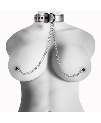 Metallic Silver Collar With Nipple Clamp