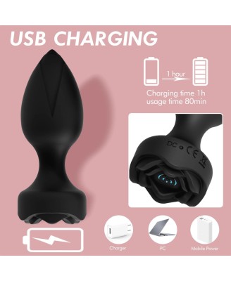 Power Escorts - Princess Plug - Remote Rose Design Plug - USB Rechargeable - 10 Functions - Black