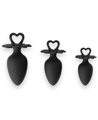 Power Escorts - Heart Plug Anal Starter 3-Pack - S, M & L - Black - quality Silicone - Colour box