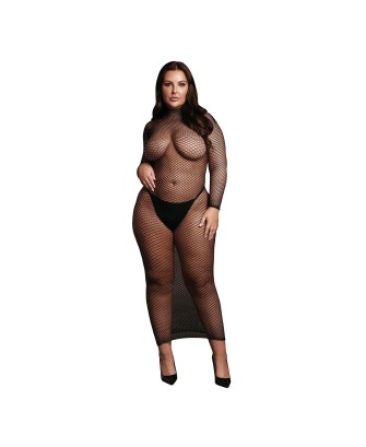 Long dress with fishnet structure and turtle neck.