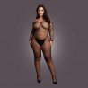 Bodystocking with off shoulder neckline, fishnet structure and open crotch.