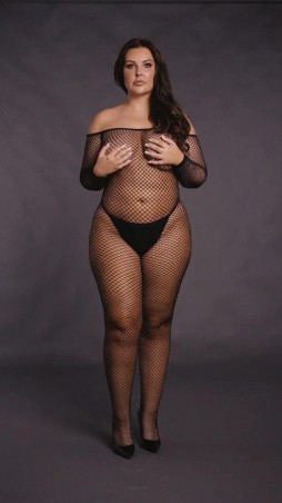 Bodystocking with off shoulder neckline, fishnet structure and open crotch.
