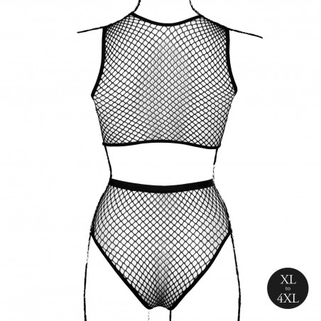 2 piece with crop top, pantie and fishnet structure.