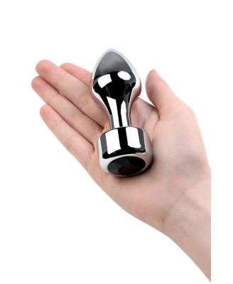 Silver anal plug TOYFA Metal with black round-shaped gem, length 8,2 cm, diameter 2,5-3,8 cm, weight 210 gr