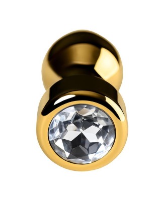Gold anal plug TOYFA Metal with white round-shaped gem , length 7 cm, diameter 2-3,5 cm, weight 140 gr