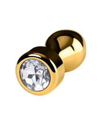 Gold anal plug TOYFA Metal with white round-shaped gem , length 7 cm, diameter 2-3,5 cm, weight 140 gr