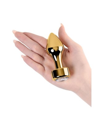 Gold anal plug TOYFA Metal with white round-shaped gem , length 7 cm, diameter 2-3,5 cm, weight 140 gr