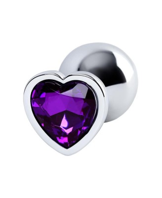 Silver anal plug with purple gem heart-shaped
