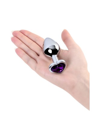 Silver anal plug with purple gem heart-shaped