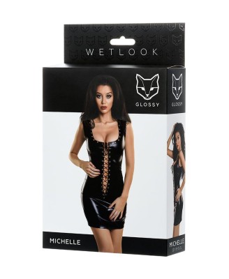 Glossy Shiny Wetlook dress with a lace MICHELLE - black M