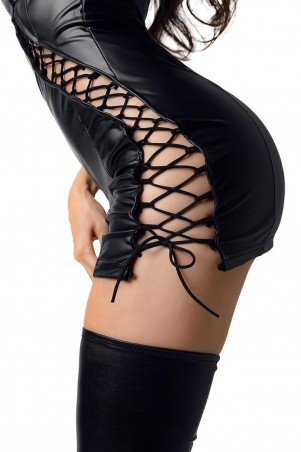 Glossy Lillie Czarna Błyszcząca Fetyszowa mini Sukienka Wetlook - S