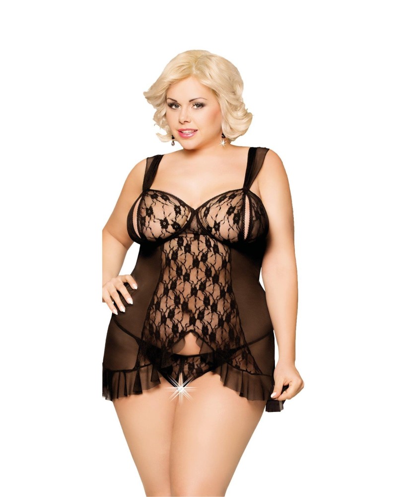 Softline Bianca - Plus Size - Czarna Koronkowa Halka Babydoll 2XL