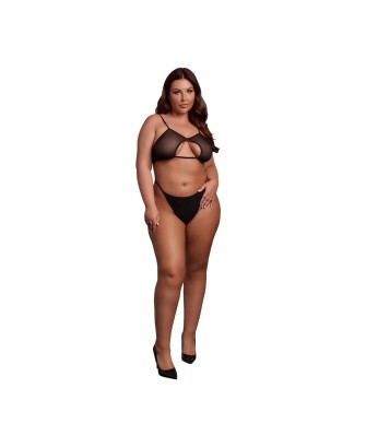 Keyhole Mesh Bra with Double Back Straps and Adjustable Sliders - Plus Size - Black