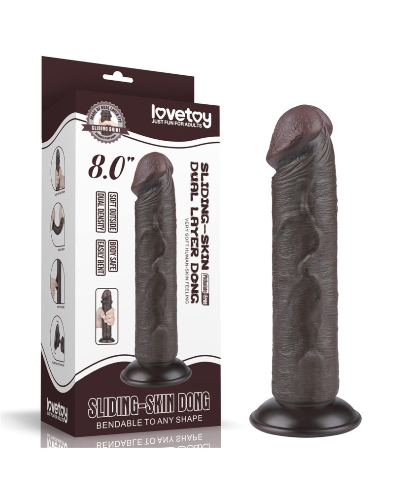 LoveToy Sliding Skin Dual Layer Dong Flesh - Realistyczne Czarne Dildo - 20 cm