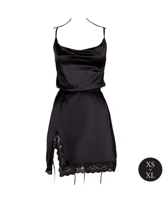Open Back Silk Dress with Criss Cross Details and Slit - One Size - Black