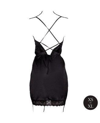 Open Back Silk Dress with Criss Cross Details and Slit - One Size - Black
