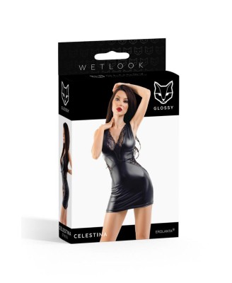 Glossy Celestina dress made of Wetlook material, black, XL