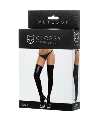 Glossy stockings made of Wetlook material, black, XL