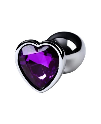 Silver anal plug with purple gem heart-shaped