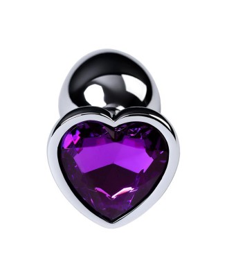 Silver anal plug with purple gem heart-shaped
