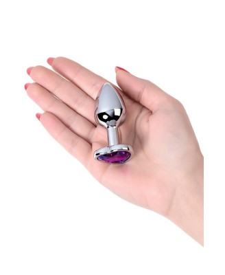 Silver anal plug with purple gem heart-shaped