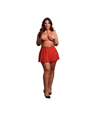 4 Piece Set with Bra, Panty, Double Strap Garter Belt and Peek-A-Boo Mesh Skirt - Plus Size - Red