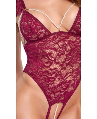 Cottelli Body Pearls - Bordowe Koronkowe Body - M
