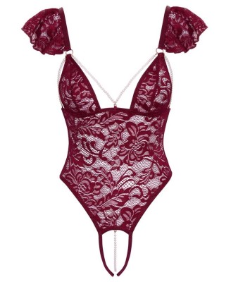 Cottelli Body Pearls - Bordowe Koronkowe Body - M