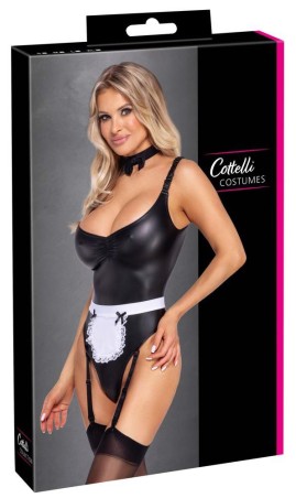Cottelli Maid Body - Czarne Body Wetlook - Przebranie Pokojówki - XL