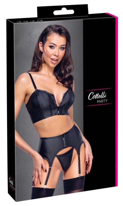 Cottelli Top Set - Czarny Komplet Wetlook - Gorset, Pas do Pończoch, Stringi - XL