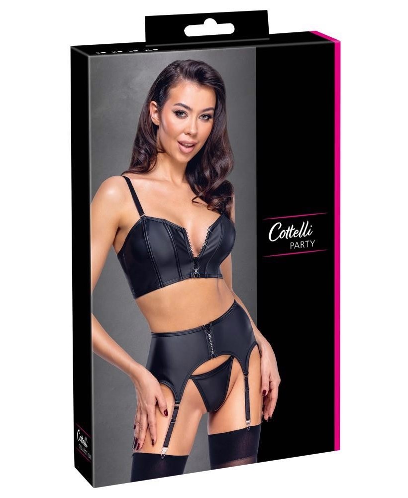 Cottelli Top Set - Czarny Komplet Wetlook - Gorset, Pas do Pończoch, Stringi - L
